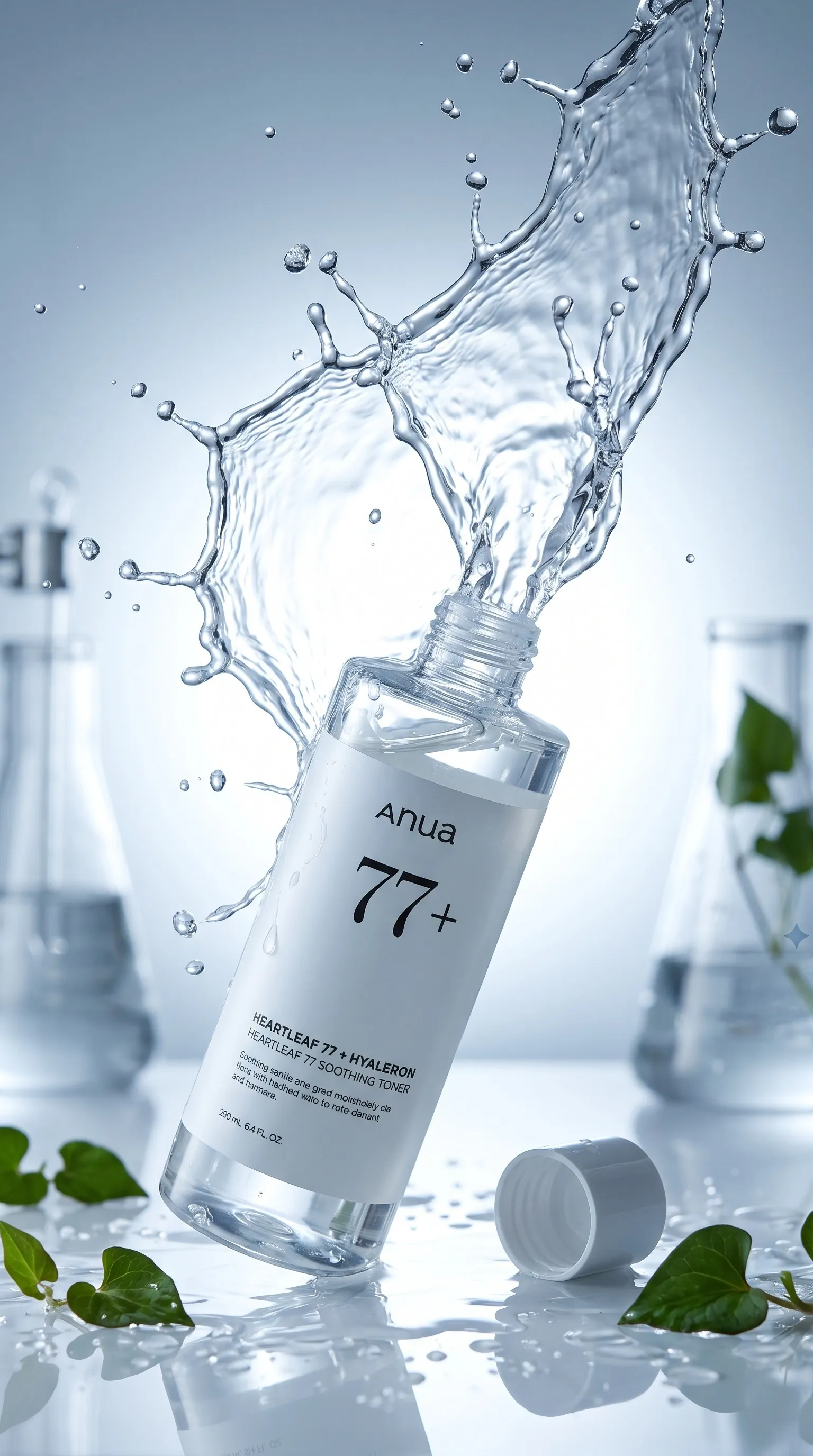 بطری تونر Anua Heartleaf 77 در حال پاشیدن مایع زلال با پسزمینه آزمایشگاهی